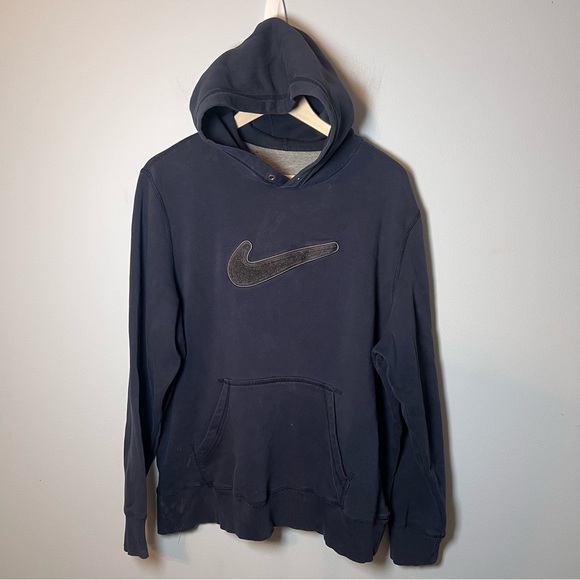 Nike Fuzzy Swoosh Hoodie Men’s XL Navy Blue Pullover Sweatshirt **STAINS - Picture 1 of 7